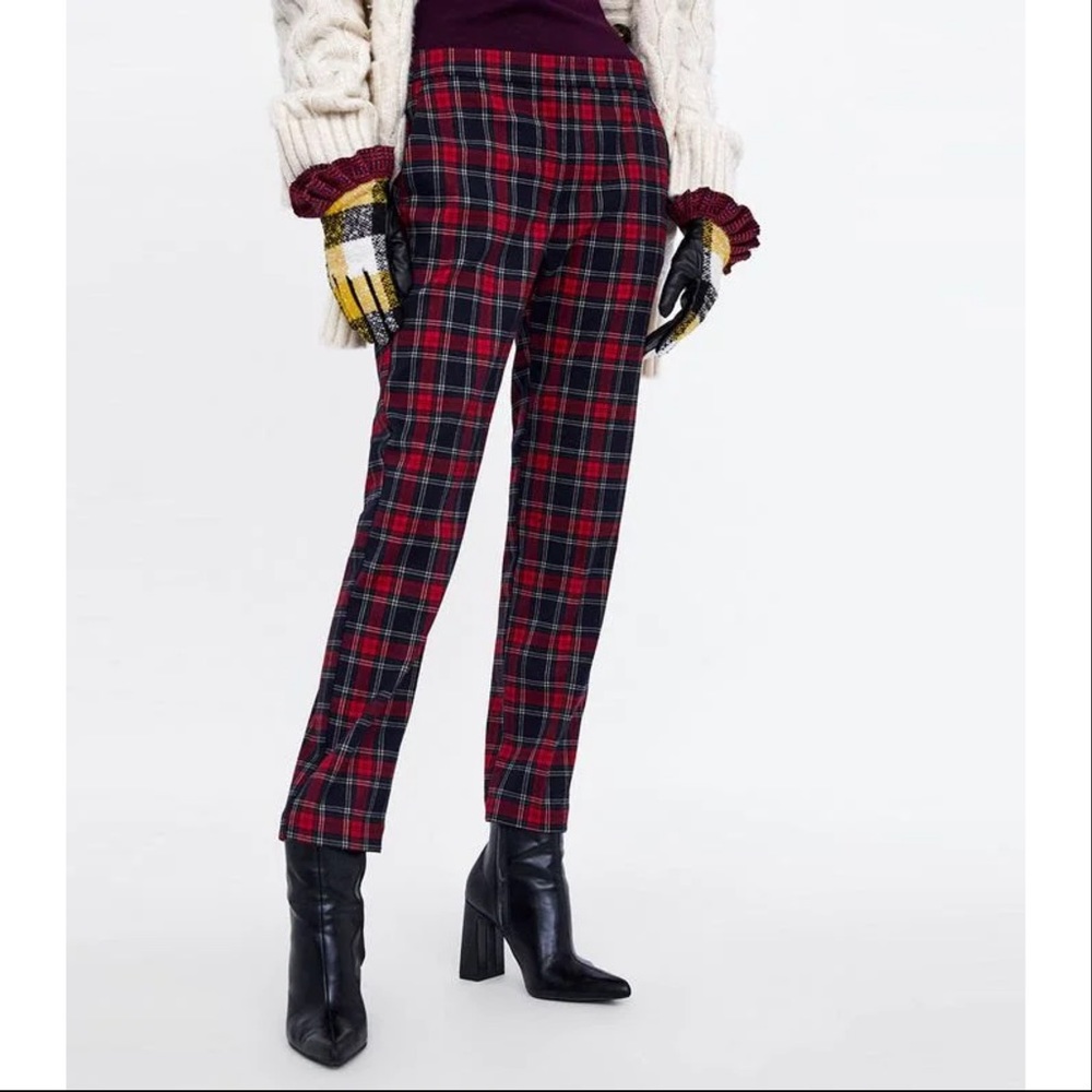 New Zara Elastic Back Waistband Plaid Pants